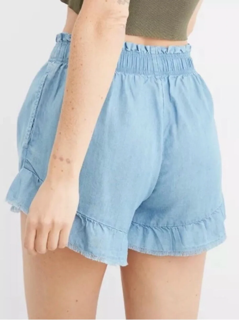 Aerie Women’s Sz M Chambray Ruffle‎ High Rise Shorts